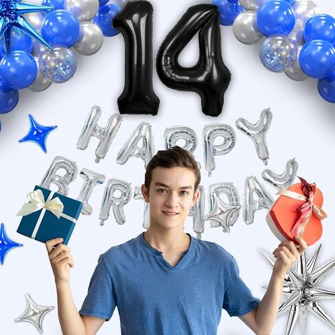 14th Birthday Party Decorations for Boys, Navy Blue Silver Black Happy 14 Birthday Decorations Set with Birthday Backdrop Banner 14 Number Balloons for Him 14 years old. in Saudi Arabia