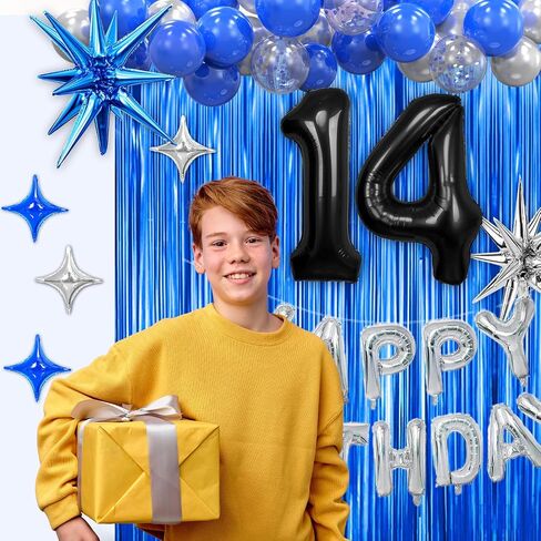14th Birthday Party Decorations for Boys, Navy Blue Silver Black Happy 14 Birthday Decorations Set with Birthday Backdrop Banner 14 Number Balloons for Him 14 years old. in Saudi Arabia