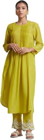 مجموعة كورتا بانت للنساء 3/4 كم ملابس عرقية هندية رقبة دائرية مطبوعة كورتي هندية للفتيات أصفر in Kuwait