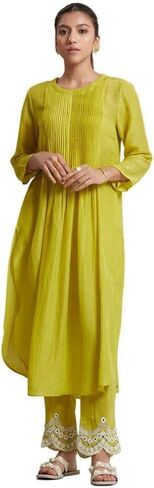 مجموعة كورتا بانت للنساء 3/4 كم ملابس عرقية هندية رقبة دائرية مطبوعة كورتي هندية للفتيات أصفر in Kuwait