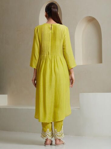 مجموعة كورتا بانت للنساء 3/4 كم ملابس عرقية هندية رقبة دائرية مطبوعة كورتي هندية للفتيات أصفر in Kuwait