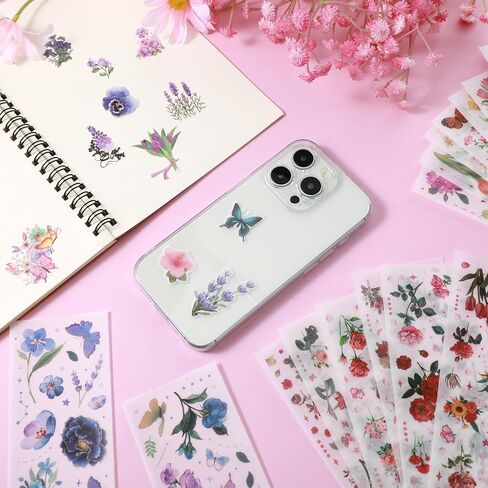 24PCS Transparent Flower Butterfly Stickers, Vintage Pressed Flowers Stickers for Scrapbooking Butterfly Floral Plant Journaling Stickers for Junk Journal DIY Craft in Saudi Arabia