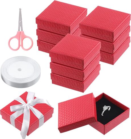 Swpeet 12Pcs Red 3.5 x 3.5 x 1.2Inch Diamond Pattern Cardboard Jewelry Gift Boxes with Scissors and Polyester Ribbon Assortment Kit, Necklace Earring Bracelet Boxes Gift Case for Jewelry Storage in Saudi Arabia