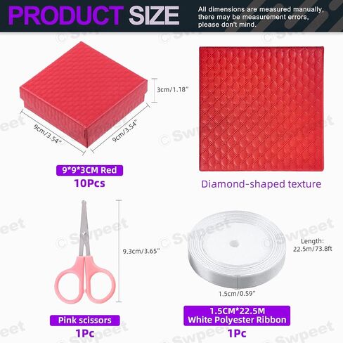Swpeet 12Pcs Red 3.5 x 3.5 x 1.2Inch Diamond Pattern Cardboard Jewelry Gift Boxes with Scissors and Polyester Ribbon Assortment Kit, Necklace Earring Bracelet Boxes Gift Case for Jewelry Storage in Saudi Arabia