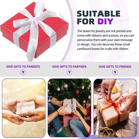Swpeet 12Pcs Red 3.5 x 3.5 x 1.2Inch Diamond Pattern Cardboard Jewelry Gift Boxes with Scissors and Polyester Ribbon Assortment Kit, Necklace Earring Bracelet Boxes Gift Case for Jewelry Storage in Saudi Arabia