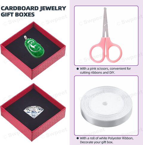 Swpeet 12Pcs Red 3.5 x 3.5 x 1.2Inch Diamond Pattern Cardboard Jewelry Gift Boxes with Scissors and Polyester Ribbon Assortment Kit, Necklace Earring Bracelet Boxes Gift Case for Jewelry Storage in Saudi Arabia