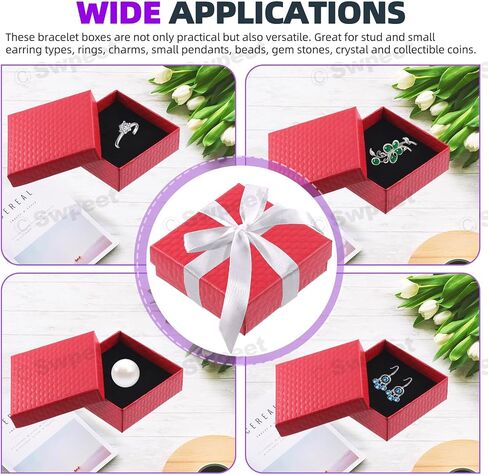 Swpeet 12Pcs Red 3.5 x 3.5 x 1.2Inch Diamond Pattern Cardboard Jewelry Gift Boxes with Scissors and Polyester Ribbon Assortment Kit, Necklace Earring Bracelet Boxes Gift Case for Jewelry Storage in Saudi Arabia
