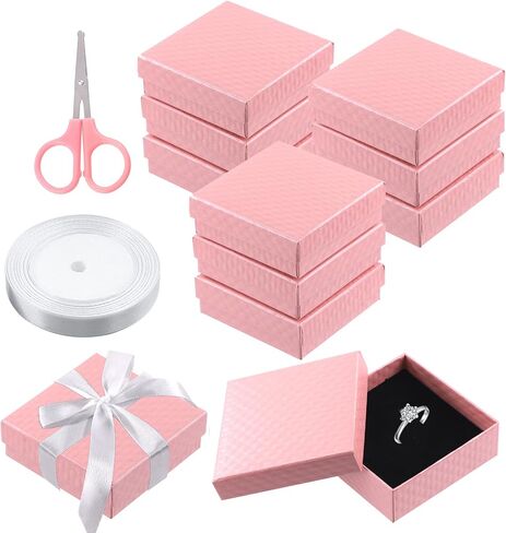 Swpeet 12Pcs Red 3.5 x 3.5 x 1.2Inch Diamond Pattern Cardboard Jewelry Gift Boxes with Scissors and Polyester Ribbon Assortment Kit, Necklace Earring Bracelet Boxes Gift Case for Jewelry Storage in Saudi Arabia