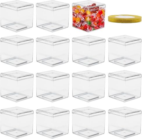 Clear Plastic Square Cube,15 Pack Small Plastic Storage Box With Lid Transparent Clear Square Containers Display Boxes Gift Box With Glitter Ribbon,Storage Box with Lid for Candy (Clear, 3.3 x 3.3 IN) in Saudi Arabia