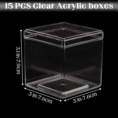 Clear Plastic Square Cube,15 Pack Small Plastic Storage Box With Lid Transparent Clear Square Containers Display Boxes Gift Box With Glitter Ribbon,Storage Box with Lid for Candy (Clear, 3.3 x 3.3 IN) in Saudi Arabia