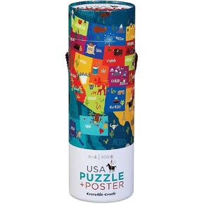 Crocodile Creek 200-Piece Jigsaw Floor Puzzle with Matching Poster - Fun Puzzles for Kids Ages 6-8 and Up - Heavy-Duty Storage Cylinder with Handle - World Map - 19" x 13" Finished