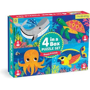 Mudpuppy Ocean Friends 4-in-a-Box Puzzle Set from Mudpuppy, Includes 4 Progressive Jigsaw Puzzles for Kids with 4-12 Pieces, Colorful Ocean Animal Illustrations, for Kids Ages 2+