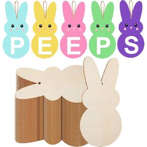 50 Pcs Easter Wooden Bunny Cutouts 4 Inch Unfinished Peep Bunny Wood Slices Rabbit Blank Hanging Ornaments Crafts Tags with Hemp Ropes for Easter Spring DIY Art Craft Painting Decor