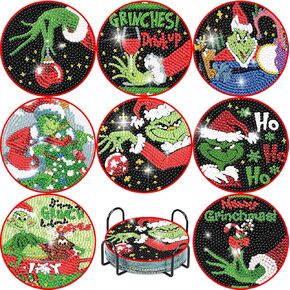 Clendo 8 Pcs Christmas Diamond Painting Coasters Kits with Holder,DIY Diamond Art Coaster Kits for Adults & Kids,Paint with Diamonds Coasters Craft Supplies for Holiday Decor Gifts