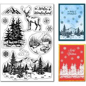 Arbuya Winter Wonderland Clear Stamps for Decorative Card Making Christmas Deer Woodland Pine Tree Rubber Stamps Journaling and Scrapbooking Paper Crafting DIY