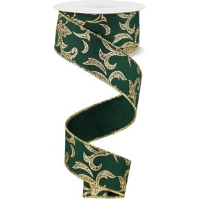 Filigree Swirl Acanthus Leaf Wired Floral Glitter Ribbon for Christmas Holiday Wreaths, Trees, Garlands, Gift Wrap, Flower Arrangements, Swags and More (Black, Gold, 1.5" x 10 Yards)