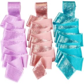 Silver Gold Chiffon Ribbon, Shimmer Silk Ribbon for Gift Wrapping 1-5/8 Inch Glitter Frayed Fringe Ribbon Fabric Ribbon for Flower Bouquet Christmas Wedding Home Decorations Bridal Shower 10.9 Yards