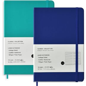 Coopay 2 Pack A5 Journal Notebooks Classic College Ruled Notebooks Hardcover Leatherette Lined Journals for Office Home School Business, 8.3 x 5.5 inch, 100GSM Thick Paper, 160 Pages (Blue/Green)