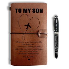 To My Son Leather Journal, Engraved Gift Pen, Roller Ballpen, Ballpoint Pen, Leather Notebook and Pen Gift for Son, 160 Pages Notebook, Graduation Back to School Fathers Day Birthday Christmas Gift-D1