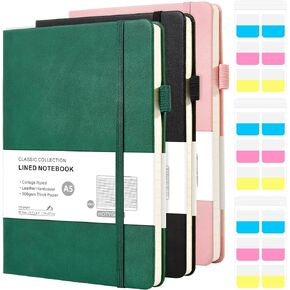 A5 Lined Journal Notebook, 3 Pack College Ruled Notebook for Work, Women & Men, Leather Journal with Pockets & Pen Loop, Hardcover Notebooks for Writing, Office School, 160 Pages, 100GSM Thick Paper (Pink, Black, Green)