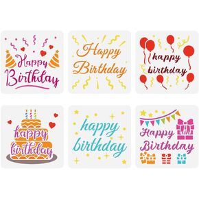 FINGERINSPIRE 6PCS Happy Birthday Painting Stencil 5.9x5.9inch Birthday Cake Stencil Birthday Balloons Stencil Birthday Theme Reusable Stencil for Greeting Cards Making Scrapbook DIY Home Decor