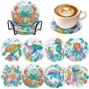 ZTOTZ Diamond Art Coasters Kits with Holder,8pcs Christmas Snowman Diamond Painting Coasters,DIY Festival Diamond Art Coasters Craft for Adult Beginner for Christmas Holidays Gift(Elk Deer,Snowflake)