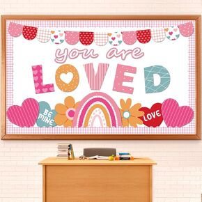 Valentine's Day Classroom Bulletin Board Decoration You are Loved Cut Outs Bulletin Board Set Love Heart Rainbow Cutouts with Borders for School Nursery Chalkboard Door Wall Decor