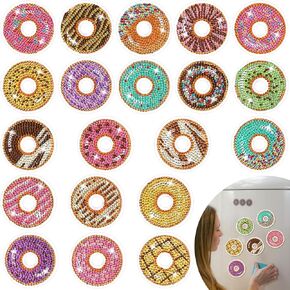 Whaline 20Pcs Donut Diamond Drawing Refrigerator Magnets DIY Colorful Donuts Rhinestone Painting Full Drill Painting Magnetic Stickers Diamond Art Kits for Fridge Whiteboards Crafts Home Decor