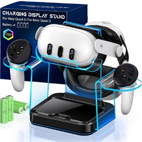 Fast VR Charging Dock for Meta Oculus Quest 3: LED Quest Charging Station for Oculus 2 Aceesories - RGB Controller Stand with 4 Rechargeable Batteries