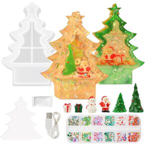 DIY Christmas Tree Quicksand Resin Silicone Molds Set with USB Light Decorative Accessories for DIY Christmas Epoxy Resin Casting Craft Desktop Ornaments Table Home Decorations