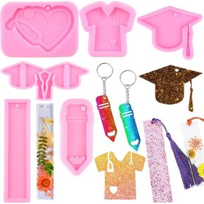 Car School Bus Keychain Epoxy Mold Doctorial Hat Resin Molds Pencil Silicone Molds Bachelor Cap Straw Topper Mold for Jewelry Keychain Pendant Decoration Set of 6
