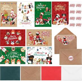 64 Sets Christmas Dog Happy Holidays Cards with Envelopes Dog Greeting Cards with Stickers Bulk Red Green Dogs Blank Note Cards with Envelopes Matching Seal Stickers for Winter Holiday Xmas