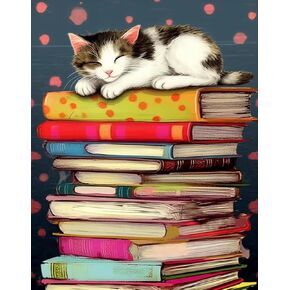 pigpigboss Book Ladder Diamond Painting Kit 5D Full Round Diamond Painting for Adult Cat Diamond Dots Art Cat Sleeping on The Book Diamond Painting Decor (12 X 16 inches)