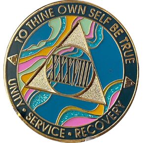 38 Year AA Medallion Elegant Marble Tahiti Teal Blue and Pink Gold Plated Chip