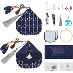 FREEBLOSS Sashiko Coin Purse DIY Kit with Instructions Sashiko Kit for Beginners Full Sashiko Supplies Embroidery Practice Kit Sashiko Thread and Needles Hand Sewing Kit for Beginners Vine Pattern