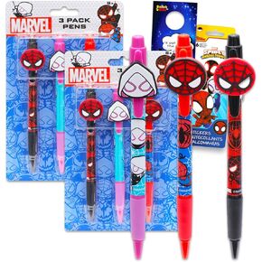 أقلام Spidey and Friends للأطفال - مجموعة مستلزمات الحفلات مكونة من 6 قطع من أقلام Spidey Ballpoint تضم ملصقات مايلز موراليس وجوين ستايسي وبيتر باركر بلس، وشماعة باب| هدايا حفلات سبايدي للأطفال