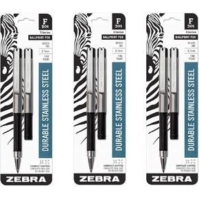 Zebra Pen F-301 Compact Ballpoint Stainless Steel Retractable Pen, Fine Point, 0.7mm, Black Ink, 2-Count (3 PACK)