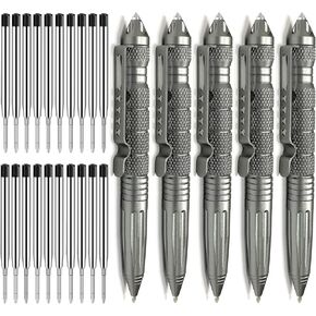 Origin-Joy 5 Pack Tungsten Steel Military Tactical Pen Set, Multifunctional EDC Self Defense Pen With 20 Ballpoint Refills (Gray)