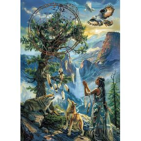 DIY 5D Diamond Art Painting by Number Kits Native American Indian Woman Dream Catcher Wolf and Eagle Paint with Square Diamonds Full Drill Beads Mosaic Art for Adults Wall Decoration (40x50CM)