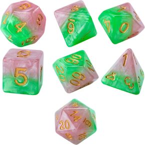 ألعاب ونرد Gate Keeper: Halfsies Dice: Rose Dice - مجموعة 7 قطع، بتلات الورد الوردي والأخضر الشائك، دوامة لؤلؤية، 7 نرد راتنج لألعاب لعب الأدوار