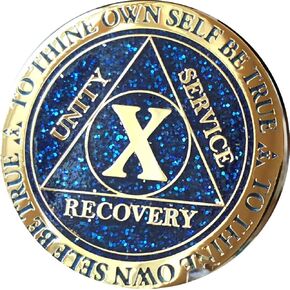 10 Year AA Medallion Reflex Blue Glitter Gold Plated Color Chip