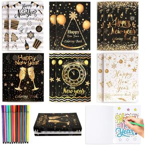 HOWAF 12pcs Happy New Year Coloring Books Bulk, New Years Eve Coloring Page with Paint Pens New Years 2025 for New Year Holiday Classroom Activities Bags Fillers Black Gold NYE Drawing Book