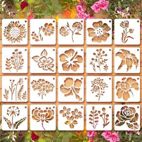 Floral Stencils for Painting, Ymapinc 20 Pcs 2.95 Inch Flower Stencils for Crafts Rock Painting Stencils Plastic Reusable Stencils for Painting on Wood Wall Tile Home Decor