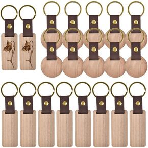 OTYMIOW 20PCS Wooden Keychain Blanks Leather Keychains Unfinished Wood Key Tag Key Ring Wood Engraving Blanks for DIY Crafts (Rectangle & Round)