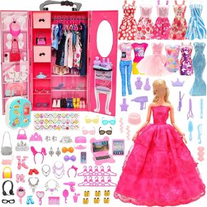 Miunana 11.5 Inch Girl Doll Wardrobe Set 114 PCS Clothes and Accessories Wedding Dress Fashion Sequin Dresses Swimsuit with Butterfly Wings Pajama Casual Wear Outfit Top and Pants and Doll Shoes