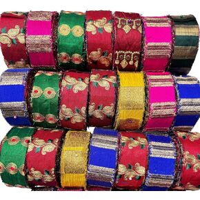 Maker's Craft Metallic Zari Recycled Sari Silk Ribbon Roll 1 1/2'' Inch Multicolor Vintage Colors 25 Yards 100 Grams for DIY Christmas Decorations, Gift Wrapping, Wedding, Jewelry Makings