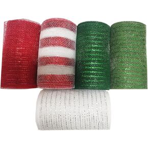 Christmas Metallic Deco Mesh Ribbon for Wreaths, 6 Inch×50 Yards Poly Mesh Ribbon for Wrapping Craft
