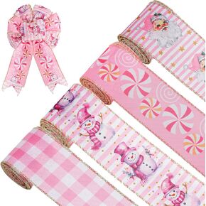 4 Rolls Pink Christmas Wired Ribbon - 2.5'' Wide Pink Santa & Peppermint Plaid Ribbon for Holiday Crafts & Decor - 20 Yards Total
