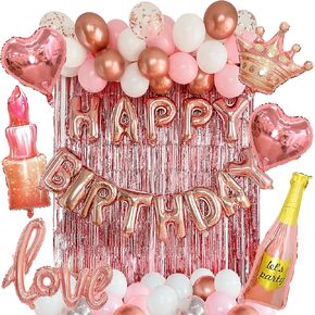 VIDAL CRAFTS Rose Gold Birthday Decorations - Ideal for birthday party with Latex & Foil Balloons and Confetti Balloons, Happy Birthday Banner and Foil Fringe Curtains for Birthday Backdrop