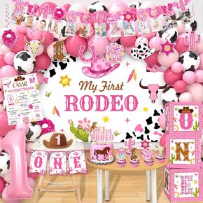 cocomigo 131Pcs My First Rodeo Decorations Girl, with Cowgirl Mini Hat, Baby Boxes with Letters, Backdrop, Balloon Garland Kit, for Pink 1st Birthday Decorations Girl